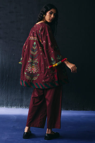 Bo tree Maroon floral thread embroidered kurta set BOTRJUL26D149074