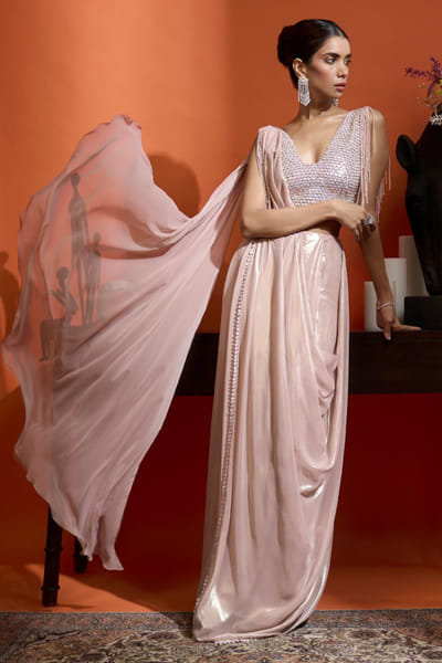 Pink blush pre-draped sari set