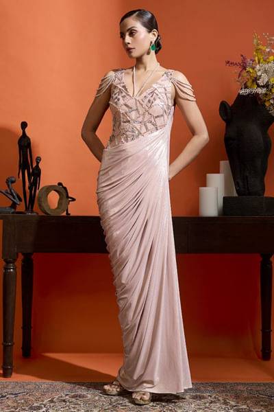 Champagne pink embellished drape gown