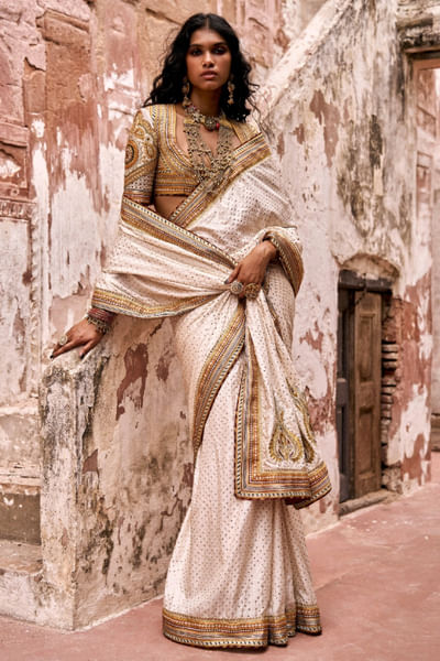 Ivory zari embroidered sari set