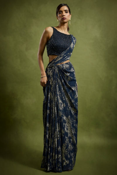 Navy blue sequin embellished pre-draped sari set
