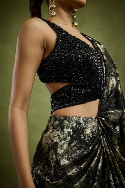 Black sequin embellished pre-draped sari set
