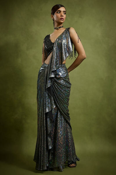 Black pre-draped ruffle sari set