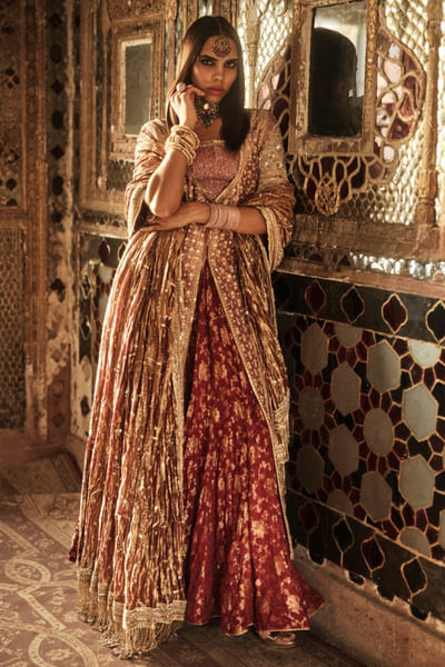 Dull red embroidered front open kurta set