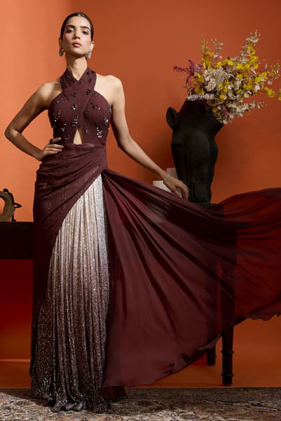Brown ombre embellished draped gown