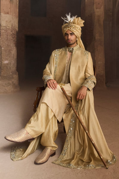 Golden dabka embroidered sherwani set