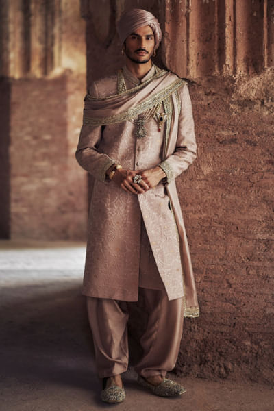 Mauve jamawar hand embroidered sherwani set