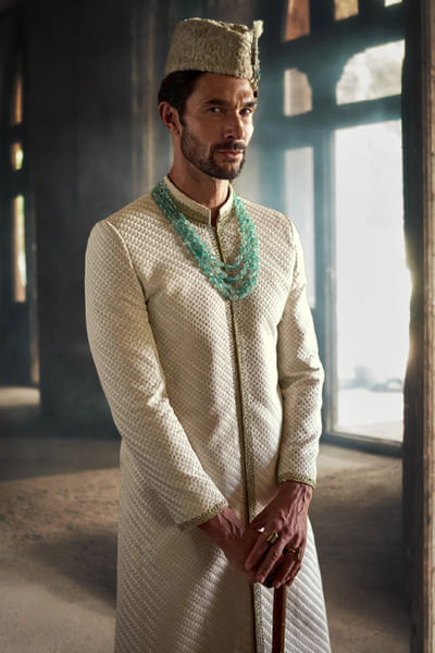 Ivory zardozi embroidered checks sherwani set