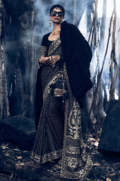 Black hand embroidered katan silk sari set