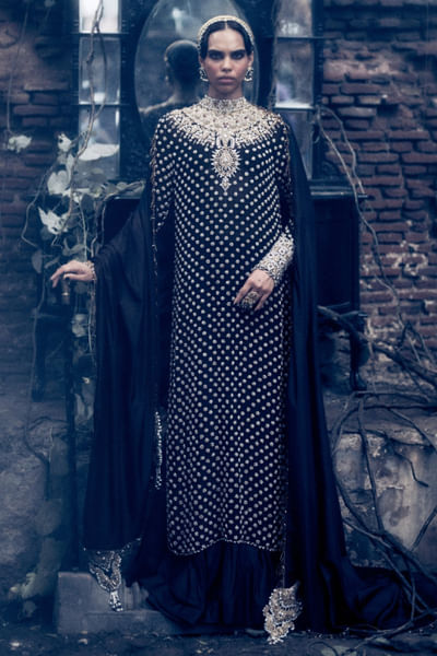 Black stone-dabka embroidery kurta gharara set