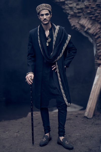 Black stripe aari embroidered sherwani set