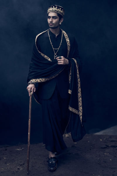 Black khadi raw silk jacket set
