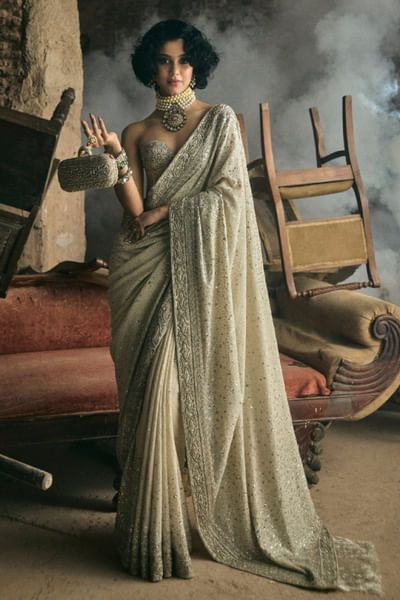 Ivory thread and aari embroidered sari set
