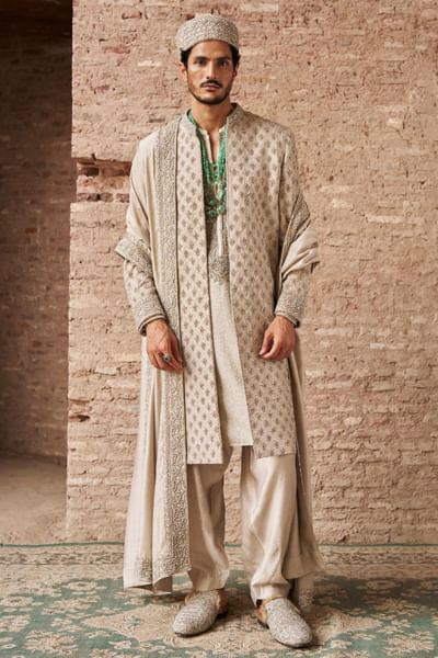 Shell white zardozi embroidered sherwani set