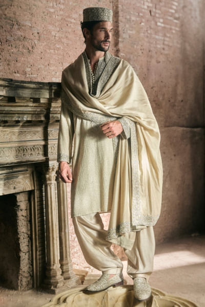 Taupe zardozi hand embroidered kurta set