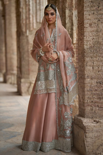 Tea pink dabka-sequin embroidered kurta set