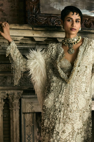 Taupe and ivory floral embellished kaftan