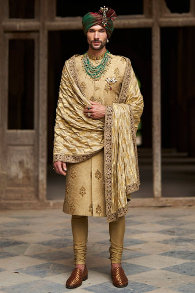 Gold dabka-zardozi embroidered sherwani set