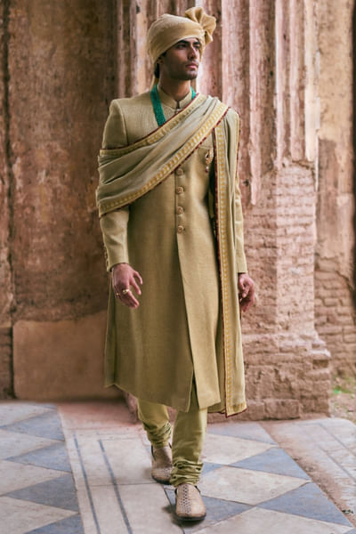 Sage green hand embroidered sherwani set