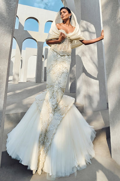 Ivory embroidered hooded gown