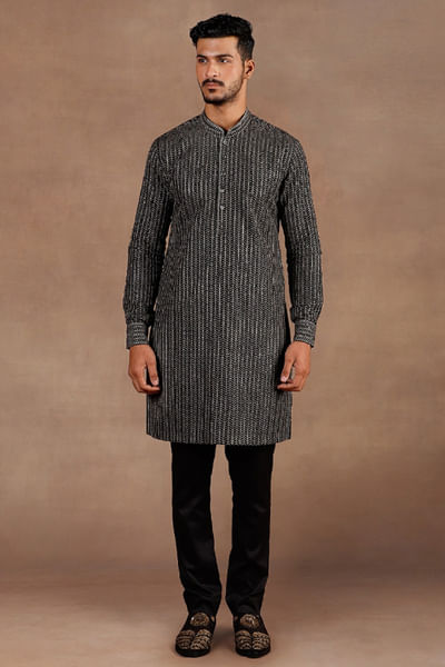 Black chevron embroidered silk kurta set