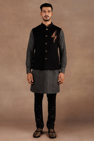 Black chevron embroidered Nehru jacket set