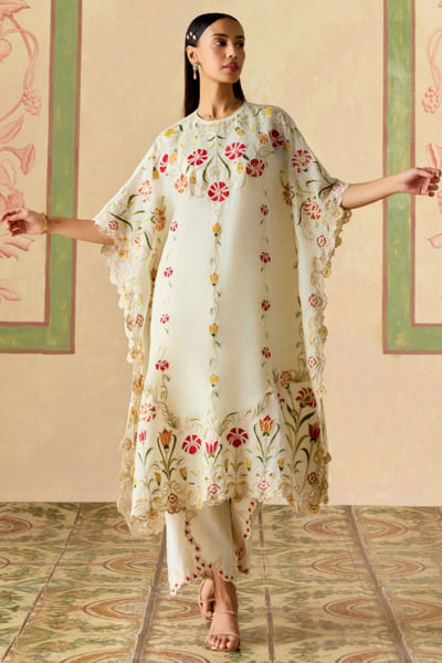 Ivory embroidered tulip pants