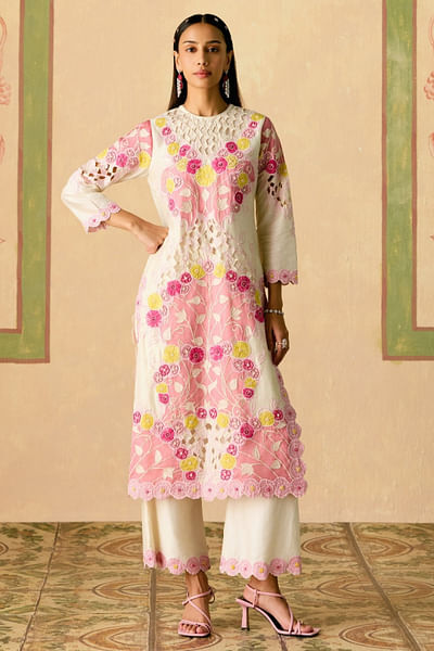 Ivory and pink applique kurta set
