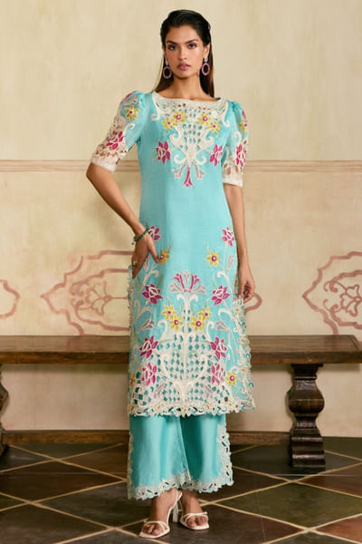 Aqua and ivory applique kurta set