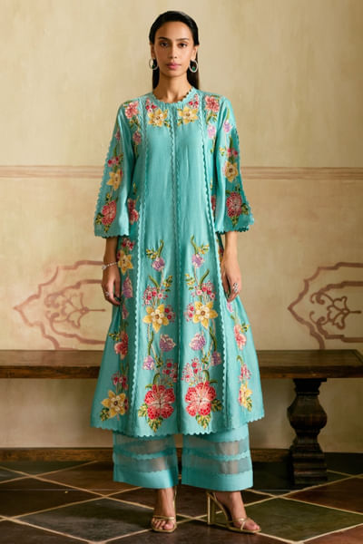 Aqua floral embroidered kurta set