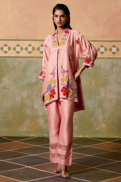 Rose pink floral kimono kurta set