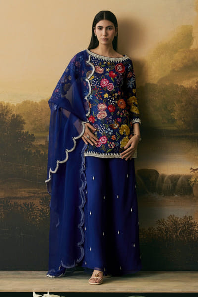 Chandrima Cobalt blue bead embroidered dupatta CHANAUG26D151303