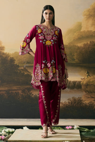 Chandrima Cherry red cord embroidered kurta set CHANAUG26D151312