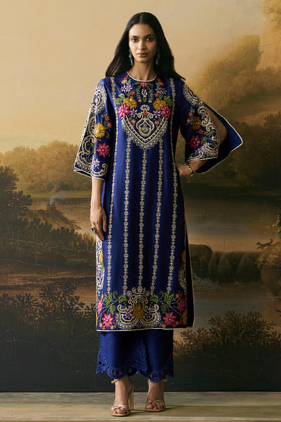 Chandrima Cobalt blue bead embroidered kurta set CHANAUG26D151314