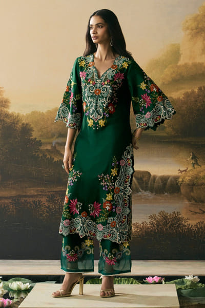 Chandrima Emerald green bead embroidered kurta set CHANAUG26D151317