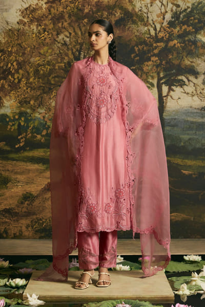 Chandrima Pink bead embroidered kurta set CHANAUG26D251322