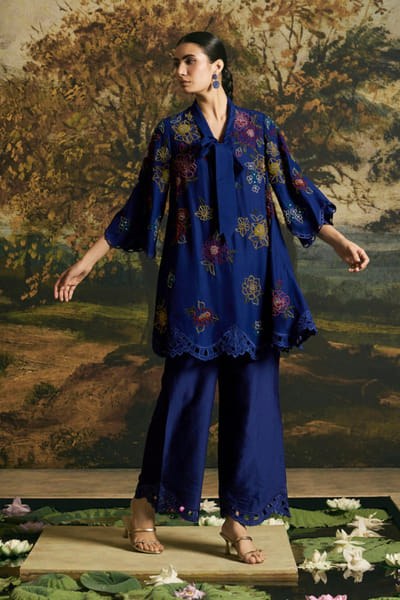 Chandrima Cobalt blue bead embroidered tunic set CHANAUG26D251329