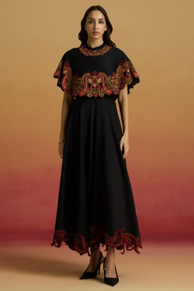 Black bead embroidered cape dress