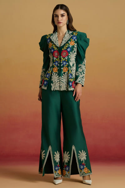 Emerald cord embroidered panelled jacket