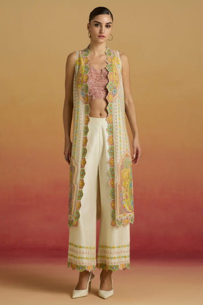Ivory thread embroidered long jacket