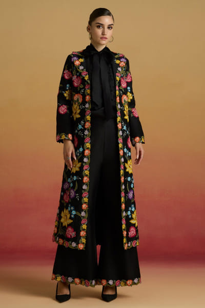 Black thread embroidered long jacket