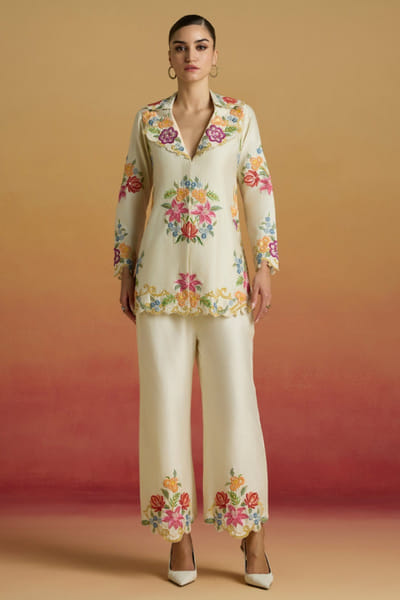 Ivory bead embroidered flared jacket