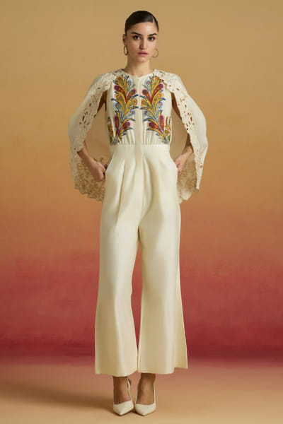 Ivory thread embroidered cape jumpsuit
