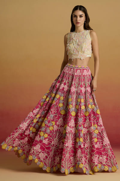 Hot pink thread embroidered lehenga