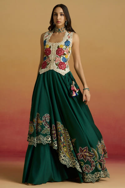 Emerald green thread embroidered lehenga