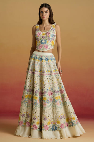 Ivory thread embroidered lehenga