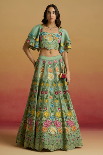 Sage green thread embroidered lehenga