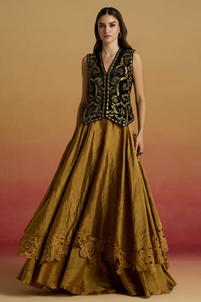 Gold cutwork embroidered layered lehenga