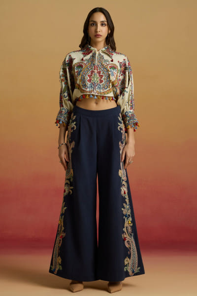 Indigo bead embroidered flared pants