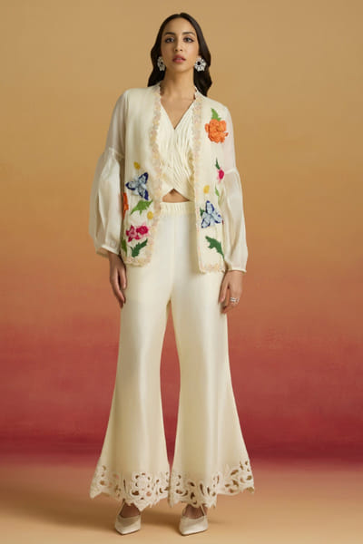 Ivory bead embroidered pants